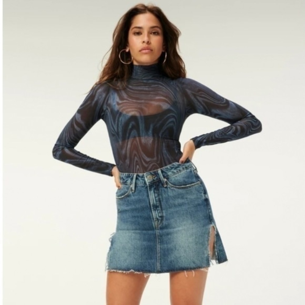 NWT Good American Blue Ink Swirl Mesh Mock Neck Thong Bodysuit, Size 3 / Large - Picture 8 of 8